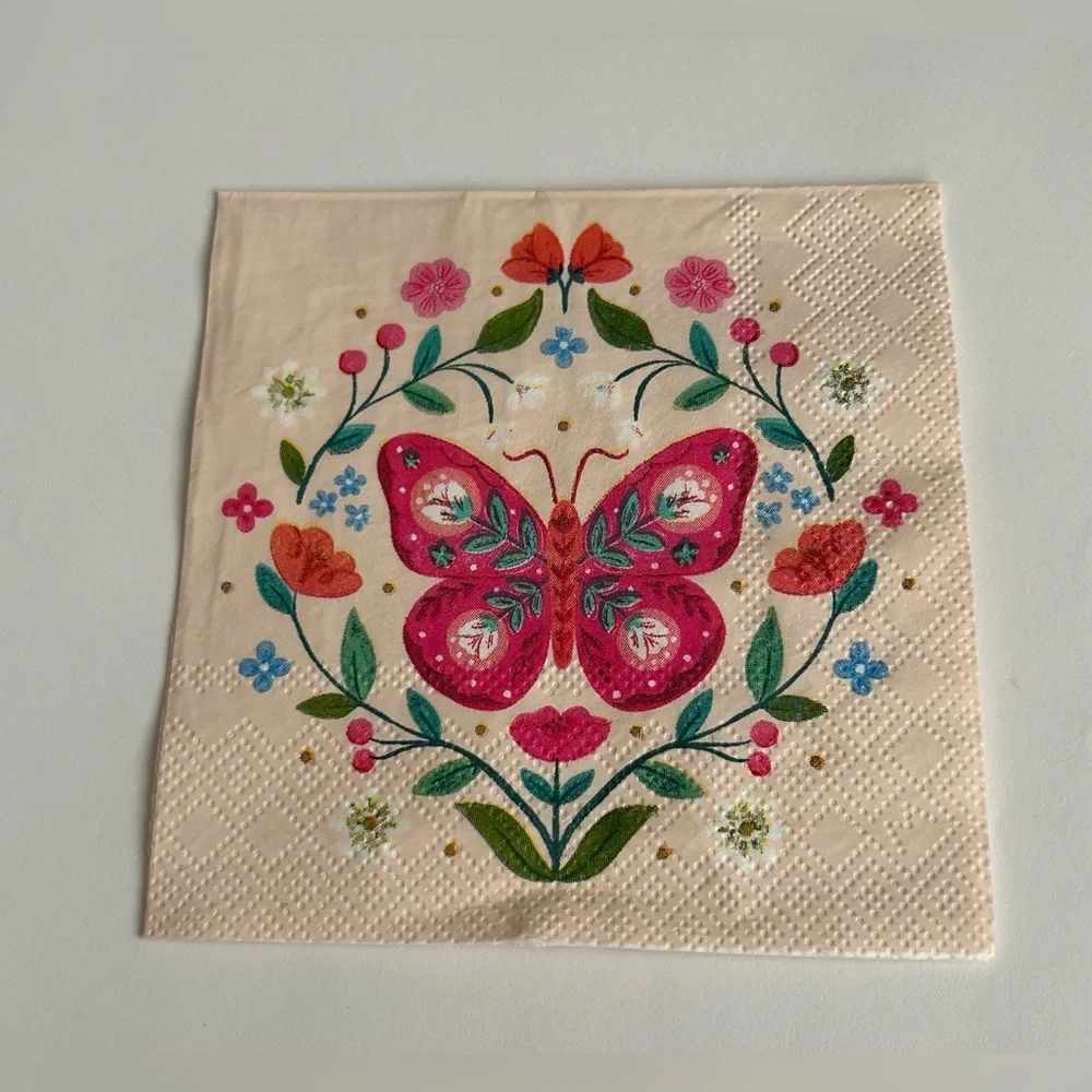 New 40 Pink Paper Beverage Napkins Clementine Butterflies Flowers Leaves